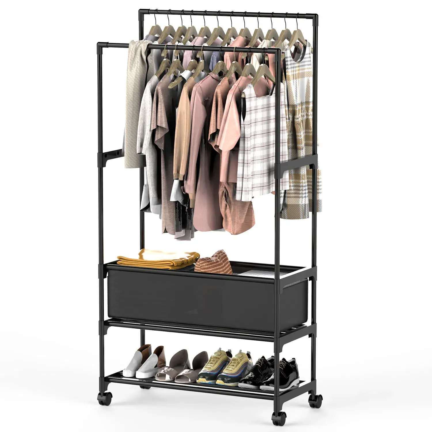 1Pc Double-Rod Hangable Garment Organizer - Lockable Wheels, Height Adjustable, Storage Bag, Shelves, Easy Installation - Home Use Room Closet Shoe Cabinet (Home Supplies Organizer Storage Holder Rack) stand
