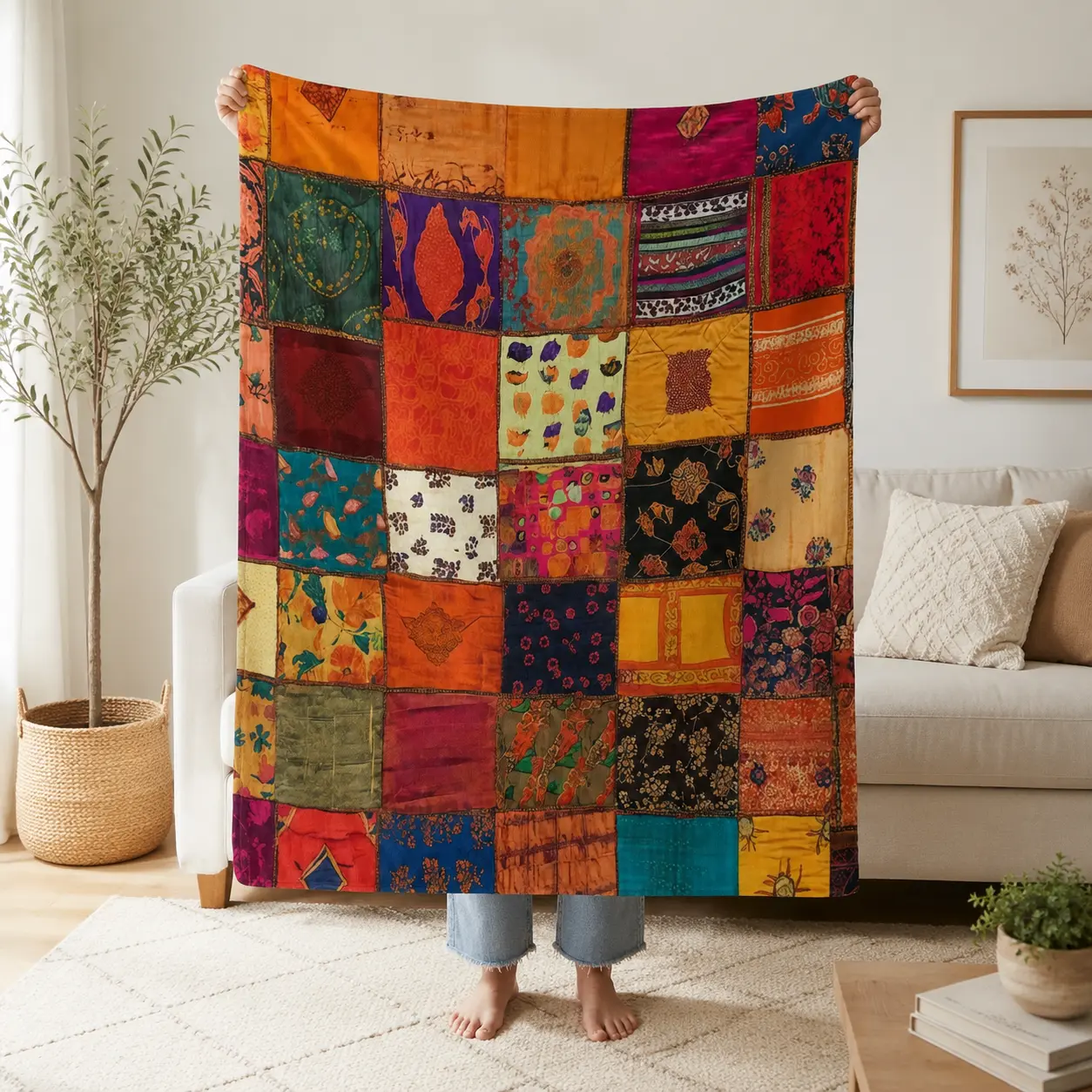 Vintage Patchwork Quilt-Look Flannel Blanket, Bright Multicolored Boho Square Floral Decorative Soft Throw, Ideal Housewarming Gift for Bohemian Home Enthusiasts