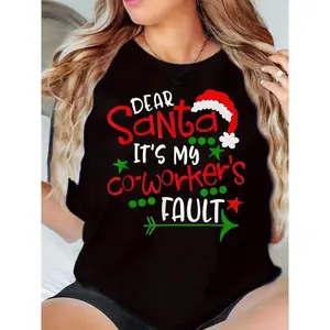 Santa Hat Print Dear Santa It's My Coworker's Fault Round Neck Christmas Gift Women  T-Shirt