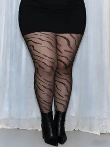 Plus Size Sheer Silver Color Zebra Print Opaque Tights, Women Pantyhose, Sexy Fitted Stockings for All Seasons, Ideal for Daily Wear and Parties