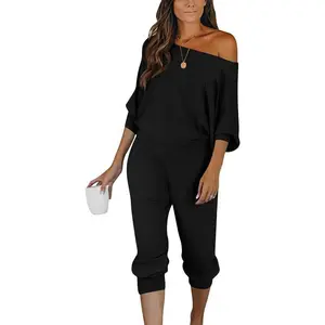 Women’s two-piece ribbed sports set, off-shoulder long-sleeve pullover, casual pants with pockets