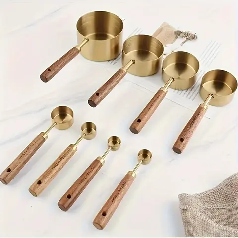 SLOWCURL 8pcs Stainless Steel Measuring Cup and Spoon Set - Acacia Wood Grip, Steel-Solid Measure, Kitchen Utensils, Kitchen Supplies for Accurate Portion & Coffee Scoop Control in Cooking, Baking