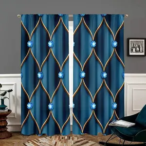 2-piece set - Luxurious Blue Gold Gemstone - Printed Semi-transparent Curtain, Rod Bag Curtain, Suitable for living room, bedroom, home decoration. It doesn't wrinkle easily, durable and sturdy. Hand washable, no hooks.