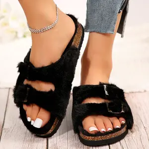 Women’s Strappy Cork Footbed Sandals – Adjustable Buckle Slip-On Slides, Lightweight Breathable Comfort for Daily Wear