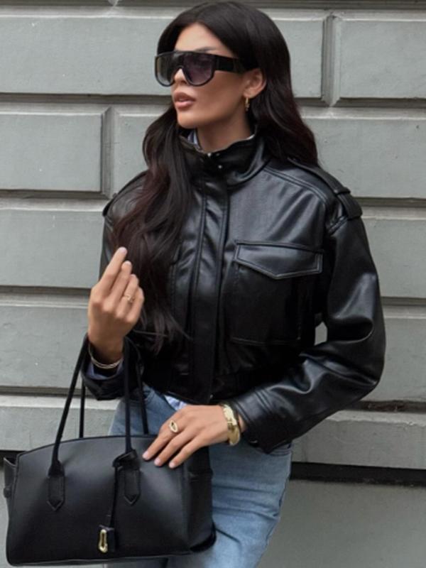 Women's Cropped Bomber Jacket Demi-Season Faux Leather Jacket Long Sleeve Green Black Jacket Women's Moto Biker Zipper Jacket Street Short Coat Aviator Jackets