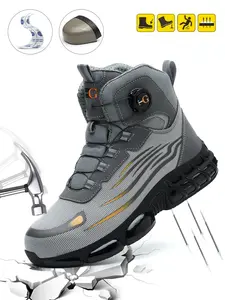 Men's mid-cut steel toe safety shoes, anti-smash and anti-puncture, non-slip work shoes, steel toe workshoes, rotating button laces, suitable for industrial construction and outdoor use, Father's Day gift