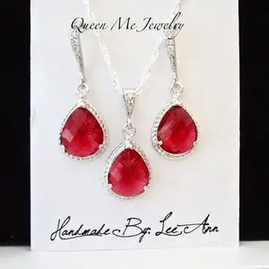 Huajie Cross Fashion Luxury Red Large Water Drop Necklace and Earrings Set