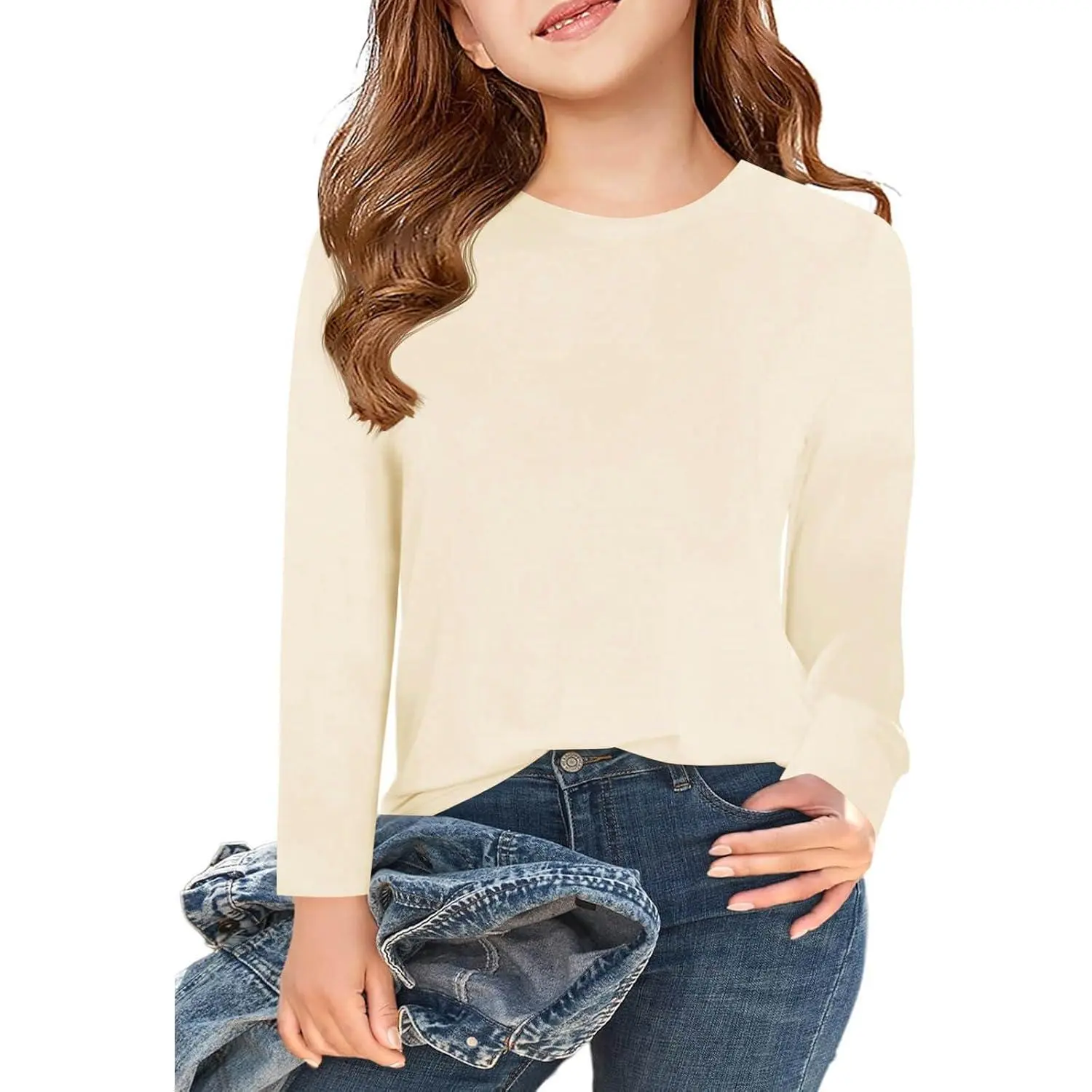 Haloumoning Girls Long Sleeve T Shirts Kids Fall Tops Crewneck Basic Tees 5-14Y