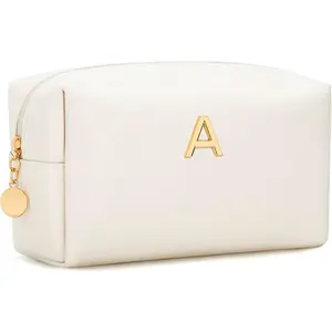 Personalized Initial PU Leather Waterproof Travel Cosmetic Toiletry Makeup Bag Great Gifts for Women Bridesmaid (Beige A)