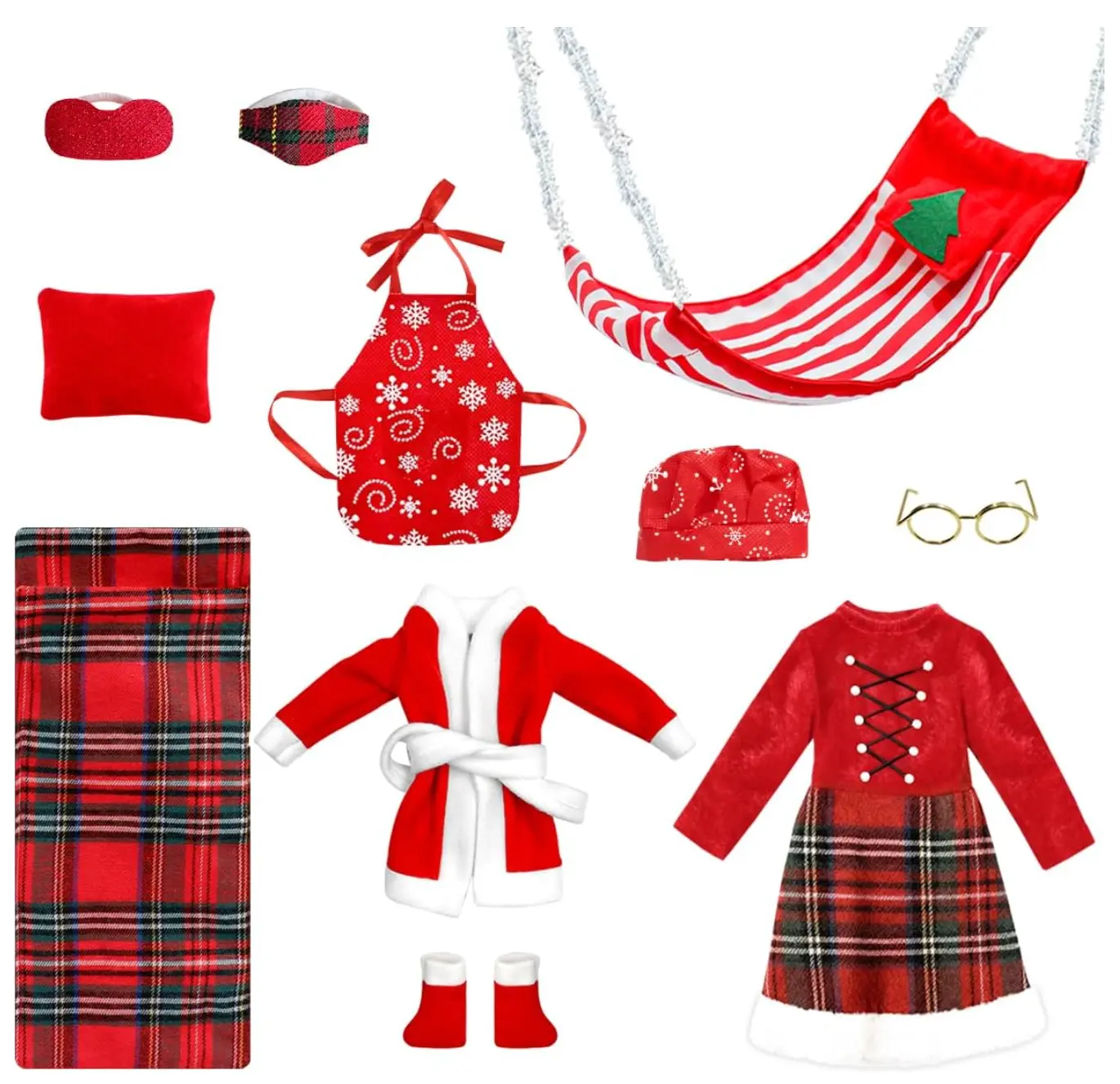 CAILESS Christmas Elf Doll Clothes Set – Santa Bathrobe, Plaid Dress, Sleeping Bag, Hammock, Apron, Boots & Accessories for Girls & Boys