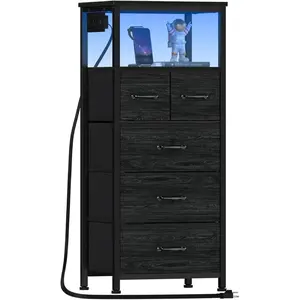 Tall Nightstand with Charging Station & LED Lights – 5-Drawer Vertical Dresser with Wood Top, Fabric Bins & Shelf, Black Oak