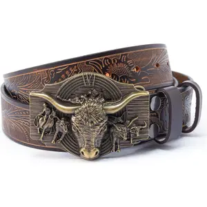 Men's Western Leather Belt Cowboy Belts for Men Big Engraved Buckle Belts