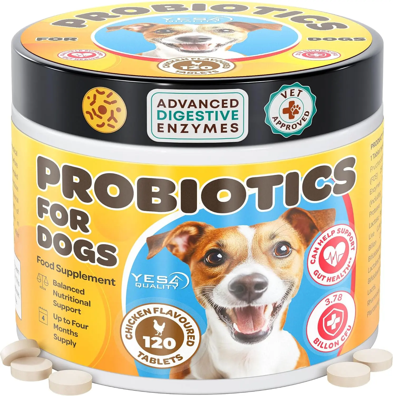 YES4QUALITY Dog Probiotics with Prebiotics Chewables - 120 Tablets, Daily Digestive Support Supplement for Dogs, Lactobacillus, Fructooligosaccharides, Chicken Flavor, Dairy Free, Amylase, Free from Corn