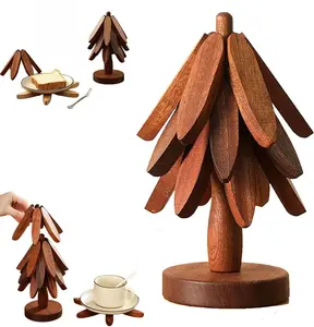 Tree Trivets for Hot Dishes Wooden Trivets for Hot Dishes, Tree Shape Trivet Set Coaster, 4 Walnut Wood + 1 Stand, Foldable Kitchen Wooden Trivet, CollapsibleHots Pad TrivetTree for Stove