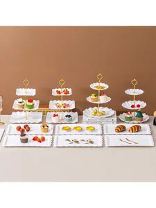 4 Packs 3 Tier Cupcake Stand Holder, 6 x Appetizer Serving Trays, 10 Pcs Cake Stand Dessert Table Display Set, Plastic Cake Serving Display Stand Tower Donuts Cookie Dessert Tray Holder Wave Shape with Gold Rod for Wedding Birthday Shower Tea Party