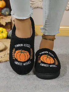 Halloween Pumpkin Slippers, Cozy Fleece Lined Indoor Shoes, Cute Cartoon Pumpkin Cotton Slippers for Couples, Warm Home Footwear