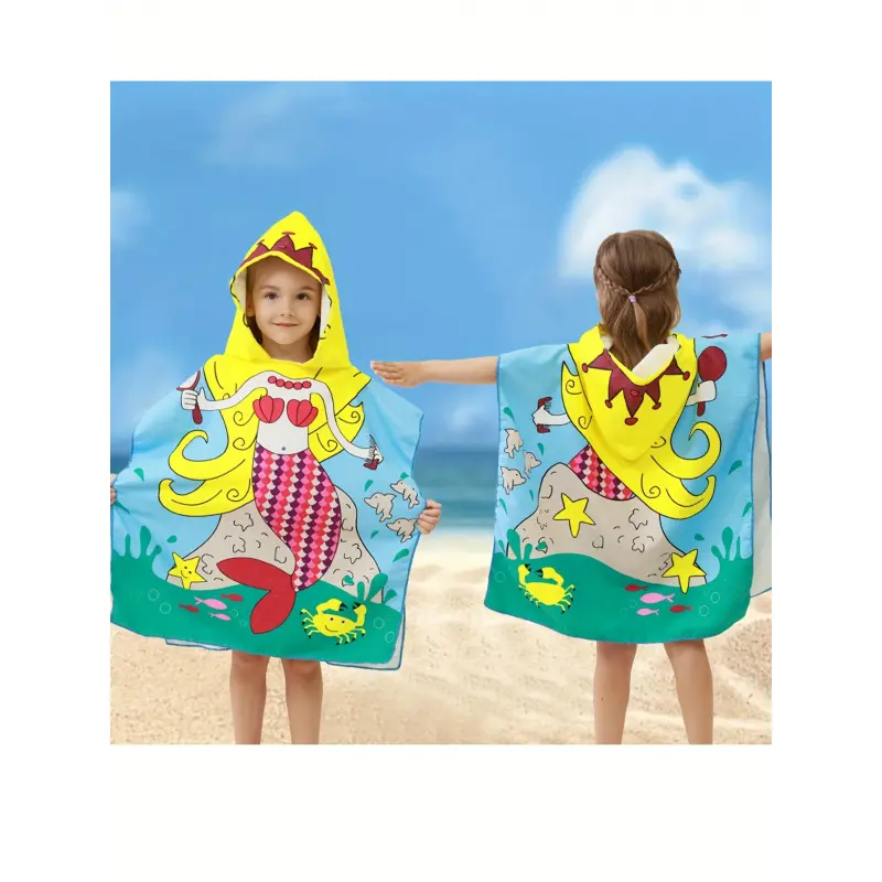 Summer Toddler Girl Fantasy Hooded Beach Poncho Towel Vivid Full Mermaid & Underwater Creature Prints Soft Lightweight Fast Drying Fabric Windproof Cover-up For Beach Outings Bath Routine # Girl Denim Overall Romper