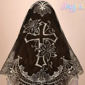Anygoal Bozidol Catholic Cross Embroidered Lace Mantilla Veil, Triangle Sheer Church Head Covering, Traditional Spanish Style Veil, Elegant Head Scarf for Mass, Weddings and Religious Events band hair summervibes