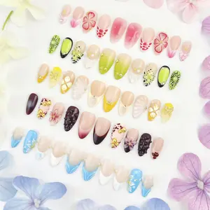 BUY 3 GET 1 FREE! ManiTips Press On Nails 16pcs/28pcs Reusable Gel Salon Quality 3D Floral French Tip Fake Nail Art Manicure for Autumn Fall Winter Spring Summer Holiday Vacation Beach