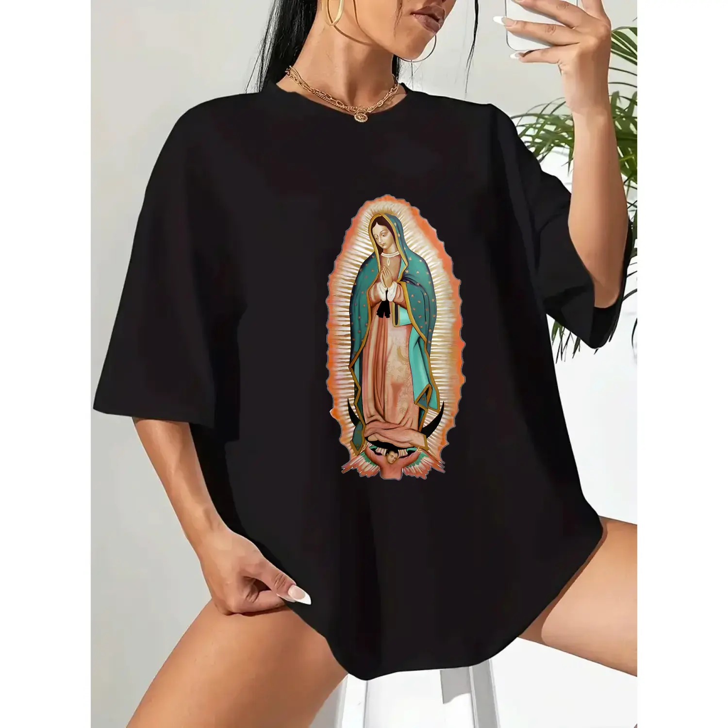 Women's Divine Our Lady of Guadalupe Prayer Halo Cotton T-Shirt, Casual Loose Tops
