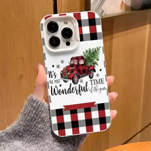 Phone Case Featuring a Festive Truck with a Christmas Tree in a Buffalo Plaid Design, Suitable for Iphone Models 11 Through 16 Pro Max/Plus, Offering Protection