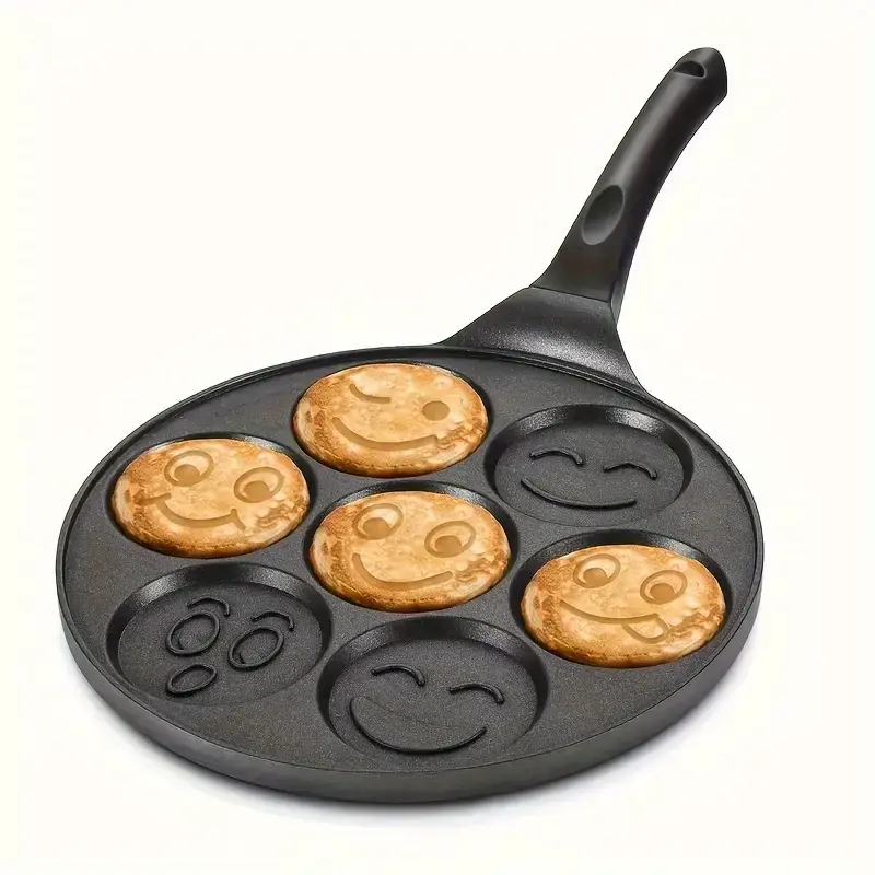 7-hole Non-stick Pancake Pan Egg Frying Pan Mini Detachable Handle Pancake Skillet Non-stick Aluminum Material 7 Unique Smiley Face Designs Easy to Clean Perfect for Kids' Breakfast Smiley Face Egg Pan with Cool-touch Handle Cookware