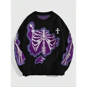 Men’s Rock Punk Cross Skull Knit Sweater, Halloween & Fall/Winter Casual Warm Crew Neck Pullover, Slight Stretch Jersey Fabric