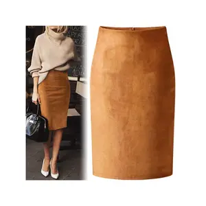 Sexy Multi Color Suede Midi Pencil Skirt Women 2021 Fashion Elastic High Waist Office Lady Bodycon Skirts Saias