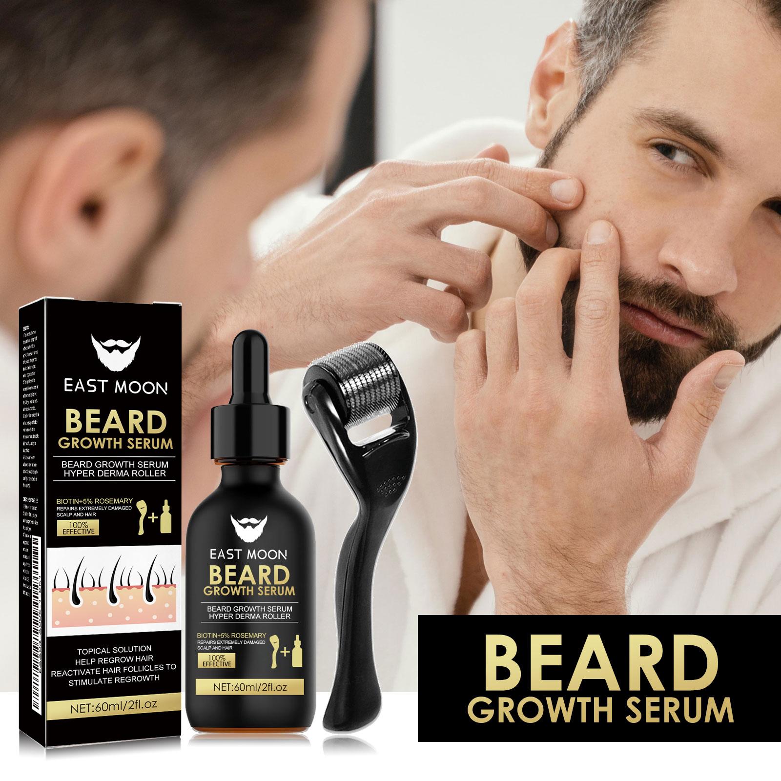 【Father's Day】EAST MOON Beard Growth Serum & Derma Roller Kit, Beard Care Nutritional Oil, Making Beards Thicker and More Shiny, Daily Beard Care Products for Men