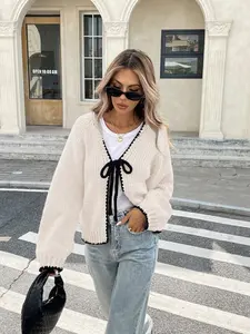 Women's Autumn/Winter Floral Trim Front Tie Knitted Cardigan Cozy Fall And Winter Clothes Long Sleeve Chunky Knit Sweater Casual Chic Cropped Cardigan with Ribbon Bow Elegant Streetwear Knit Top