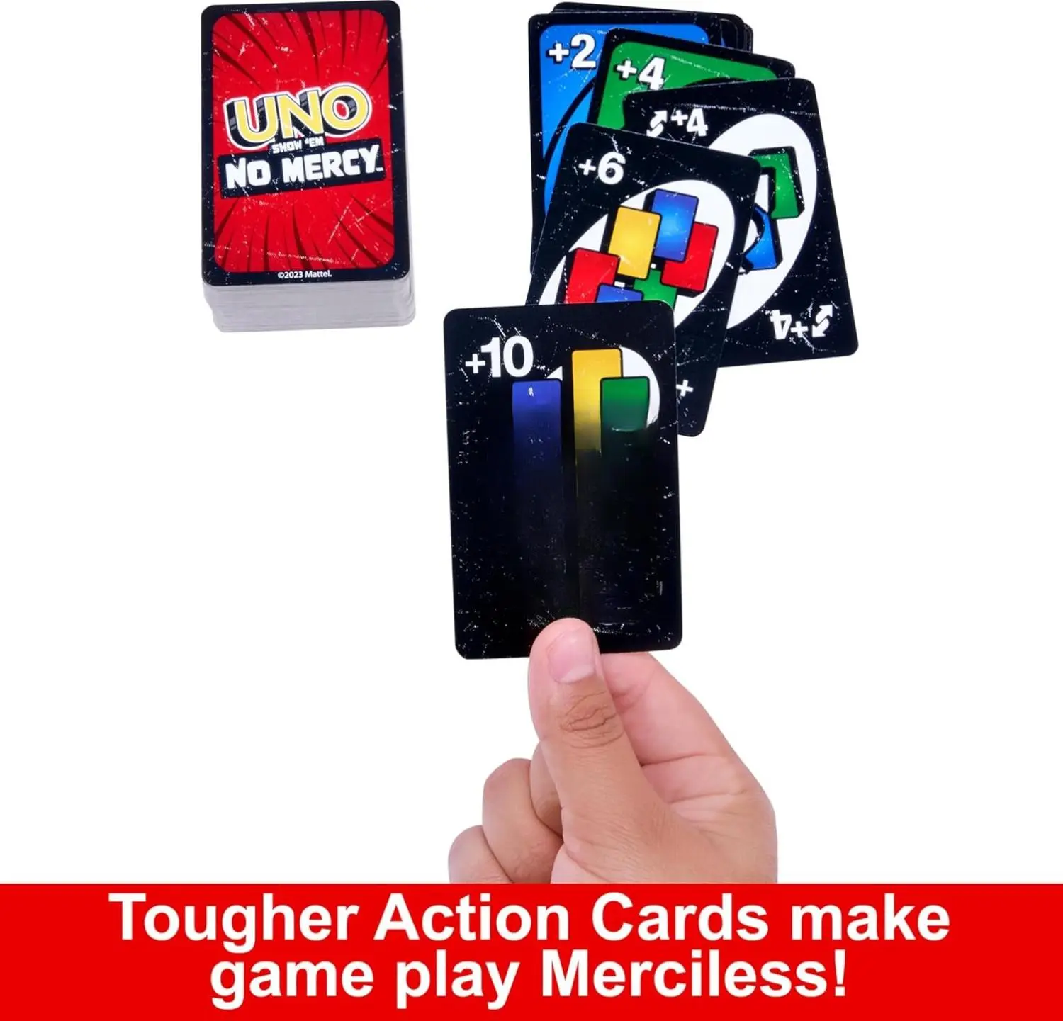 UNO Show 'em No Mercy Card Game for Kids Adults & Family Parties Travel with 56 Extra Cards Special Rules Tougher Penalties USA Edition, Card Deck, Game Party Cards