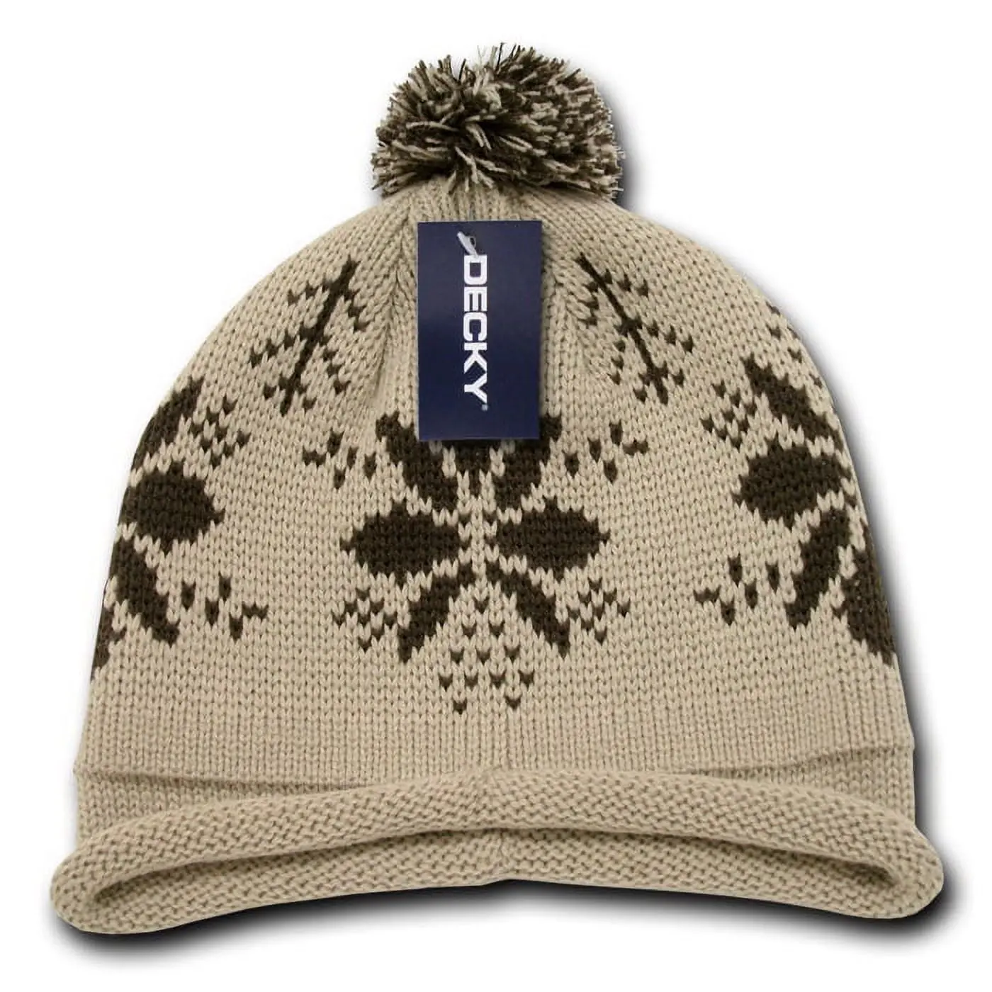 212 MAIN Dog & Cat Knitted Beanie - Decky 611B-STN Style, Casual Everyday Acrylic, Warm Snowflake Design, Pom Accent, Rolled Cuffs, Stone & Brown Colors