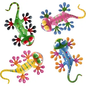4 Pack Metal Geckos Inspirational Wall Art, Mexican Outdoor Wall Decor with Shaking Head, Lizard Wall Sculptures & Statues for Farmhouse, Porch, Patio, Lawn, Fence, Backyard