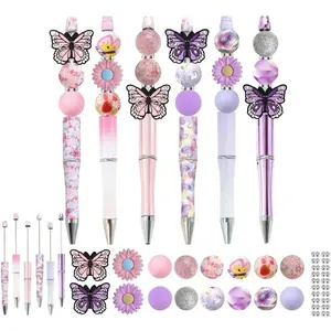 6 Set Beadable Pen Bulk Beadable Pens Kit Butterfly Themed Bead Butterfly Pen Charms  Beads Rhinestone Spacer Beads for Diy Present Students Teens School Office Supplies