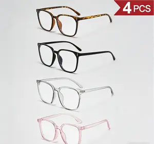 4-Pack Women's Blue Light Blocking Glasses, Anti-Round Face Eyewear Set with 4 Fashion Frame Colors, Internet Celebrity Style Windproof No-Makeup Essential Leopard Pattern Eyeglasses