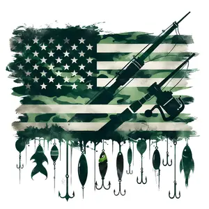 Camo Flag With Fishing Poles and Lures Direct To Film Print, DTF Print, Ready To Press Print For T-Shirts