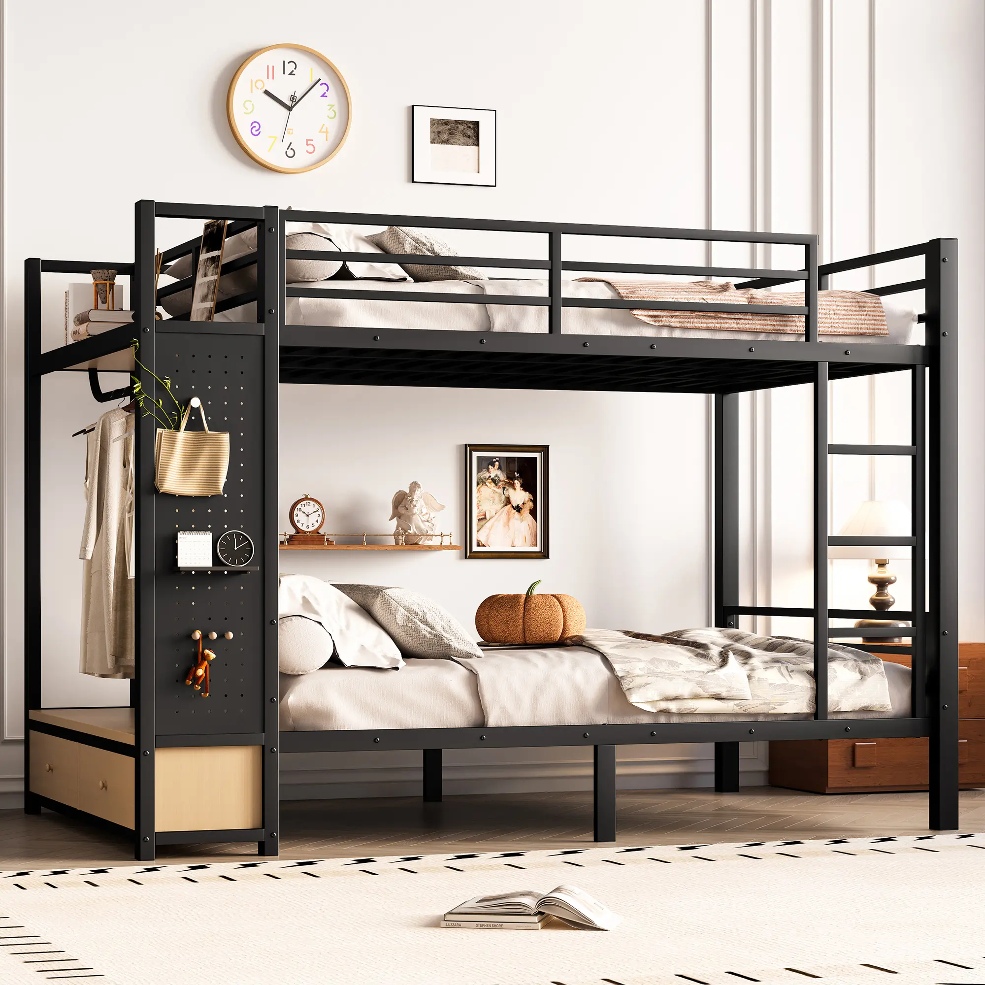 Full over Full Size Metal Bunk Bed for Teens with Storage Shelves, Drawers and Pegboard, Black, Space-Saving Twin over Full Loft Bed Frame for Kids Bedroom, Durable Steel Construction, No Box Spring Needed, Bedroom Furniture for Bedroom