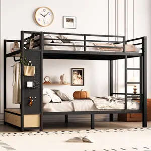 Full over Full Size Metal Bunk Bed for Teens with Storage Shelves, Drawers and Pegboard, Black, Space-Saving Twin over Full Loft Bed Frame for Kids Bedroom, Durable Steel Construction, No Box Spring Needed, Bedroom Furniture for Bedroom
