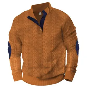 Men's Block Striped Sweatshirt Casual Outdoor Long Sleeve Stand Collar Pullover Sweatshirt Button Quarter Sweater