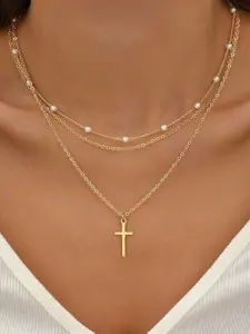 Golden Layered Pearl Cross Necklace — Exquisite Multi-Tiered Cultured Pearl Necklace for Women, Halloween and Christmas Gift, Everyday Layered Fashion Accessory, Layered Necklaces