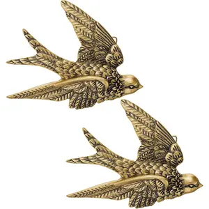 2 Pcs 4.7 Inch Vintage Antique 3D Hanging Bird Resin Wall Sculpture Golden Brass Floating Ornament for Living Room Garden Outdoor Housewarming Gifts for Couples
