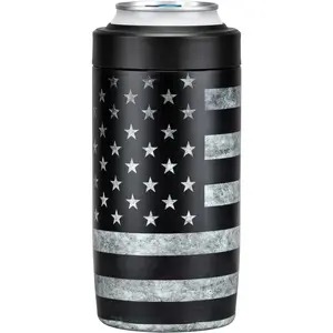 4-in-1 Slim Can Cooler Easy to Hold Insulated  Can Holder Double-walled Stainless Steel for All 12 Oz Cans  (Black  Flag 2)