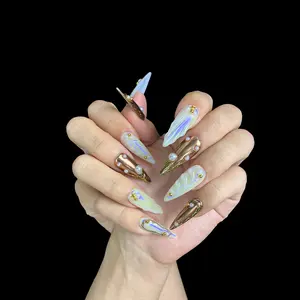 Glim&Glee Handmade Stiletto Press-On Nails Anti-Wrinkle Acrylic Reusable False Nails with Pearl & Metallic Accents Elegant Wearable Nail Tips in Black Box for Gifting