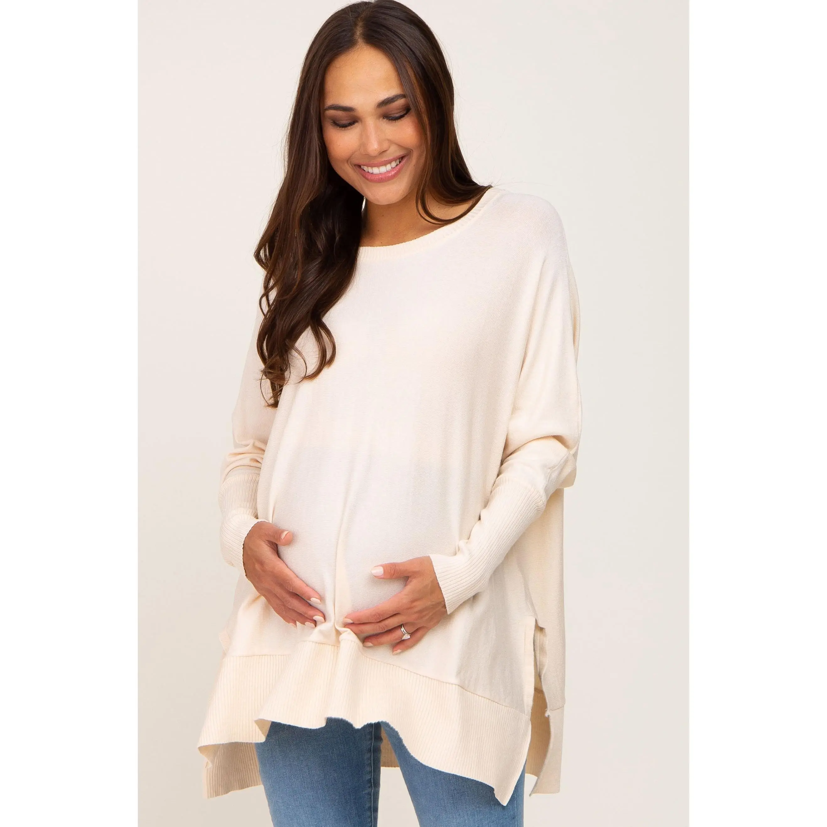 Maternity Sweater, Ivory Dolman Long Sleeves, Side Slit, Wide Round Neck, Ultra Soft Knitted Maternity Top, Knitted Top, Ribbed Edge, Hi-Low Hem, Pregnancy Maternity Clothing & Accessories