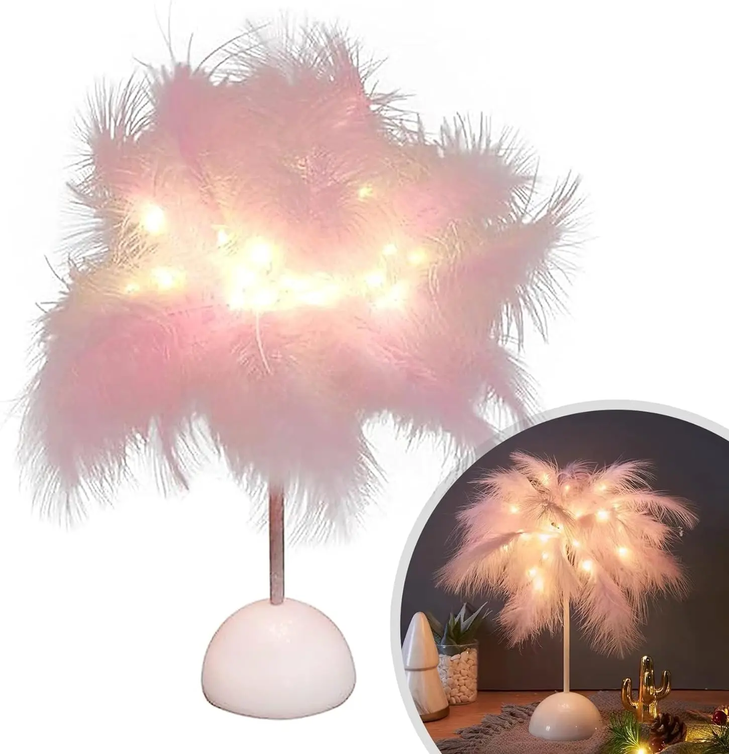 Pink Feather LED Table Lamp, Portable Light, Cute Decorative Atmosphere Night Light for Bedroom, Home Party, Wedding, Ideal Gift for Mom, Teen Girls, Artificial Feathers, Battery-Powered