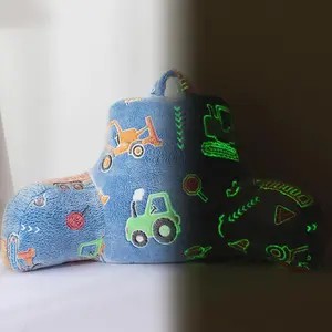 Boys Glow in The Dark Construction  Reading Pillow, Backrest Pillow with Excavator, Tractor & Crane Print, Soft Luminous Flannel Bed Rest  Cushion for , Teens Gifts