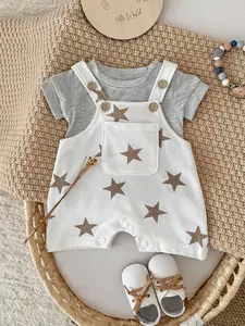 Two-Piece Baby Set Striped Round Neck Short Sleeve + Cartoon Print Soft Breathable Bib Pants Casual Clothing