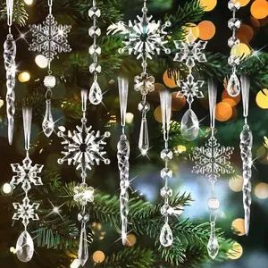 12Pcs Christmas Tree Clear Glass Icicle Snowflake Ornaments Xmas Decor w/ Roap USA