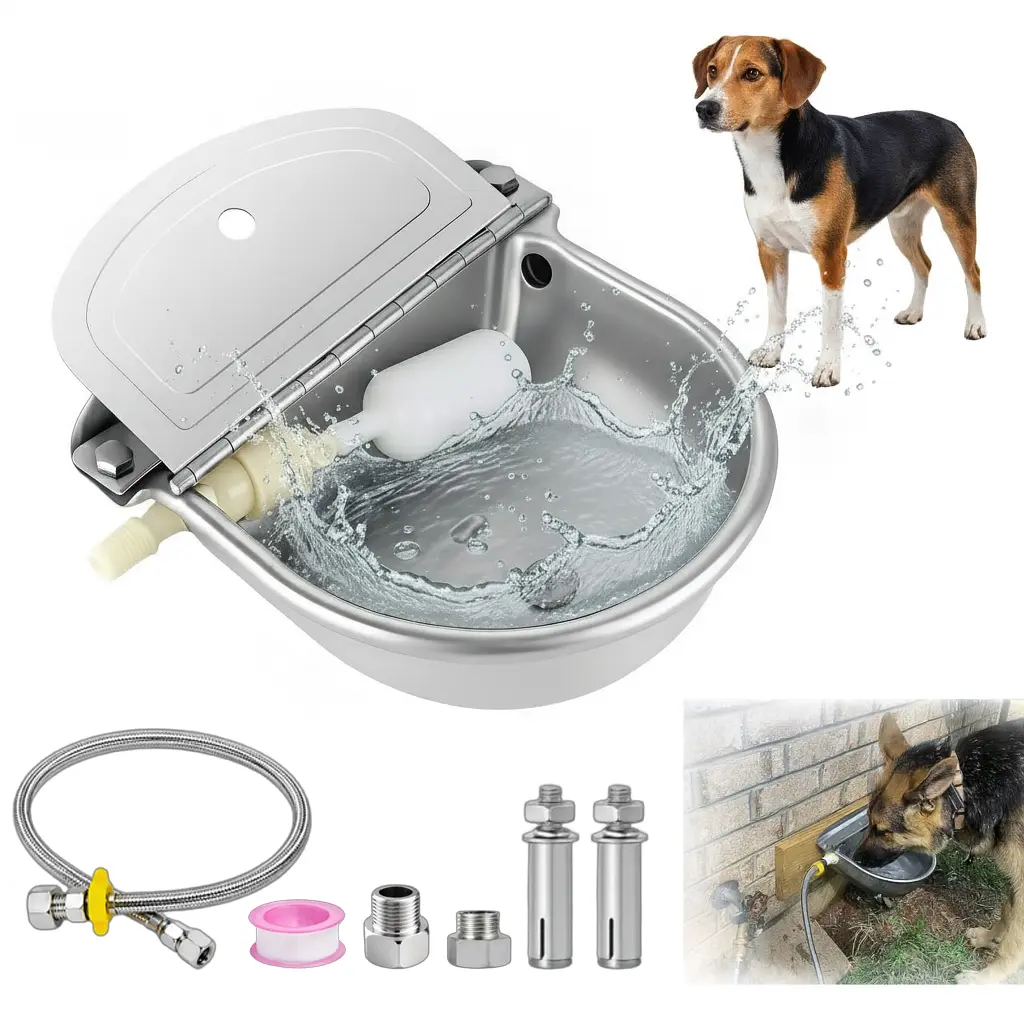 Automatic Livestock Pet Water Bowl, Stainless Steel Float Valve Waterer, 2.5L Auto Refill Drinking Bowl for Horses, Goats & Cattle