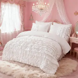 White Waterfall Ruffle Comforter Set Full Size Multi-Layers Ruffled 3PCS Bedding Set for Girls